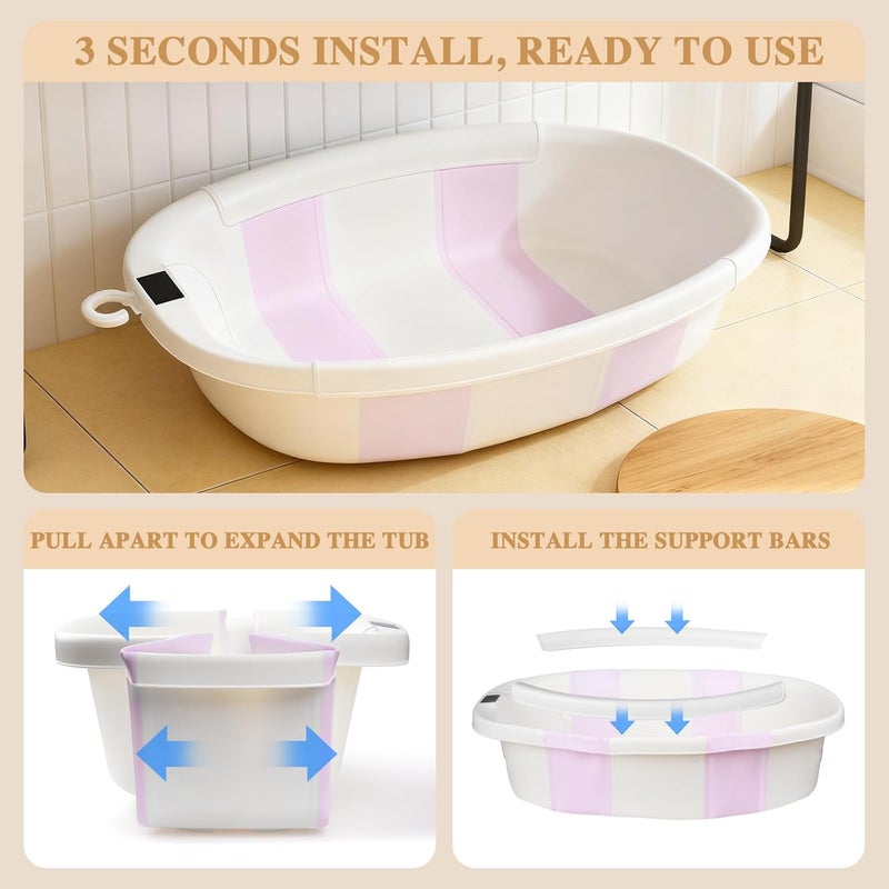 EverKiddo Baby Bathtub, Baby Bath Tub with Thermometer & Soft Cushion, Collapsible Infant Bathtub for Newborn to Toddler 0-36 Months, Quick Use & Portable for Travel(Pink) - Image 2